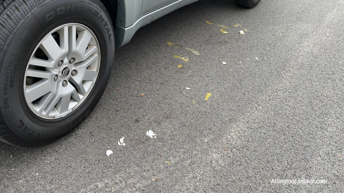 Egg material on the street about 13 hours after vandals threw eggs at a vehicle on Belmont Avenue in Arlington Heights Sunday, April 24, 2022
