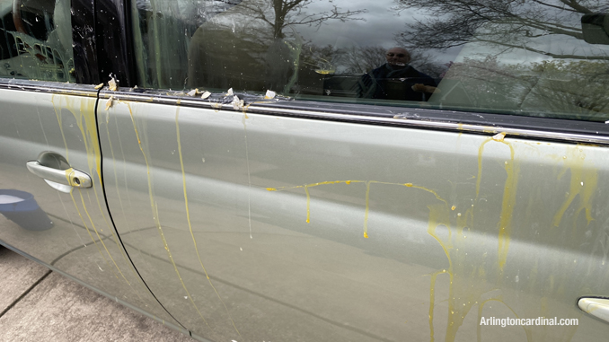 Egg material on car about 13 hours after vandals threw eggs at the vehicle on Belmont Avenue in Arlington Heights