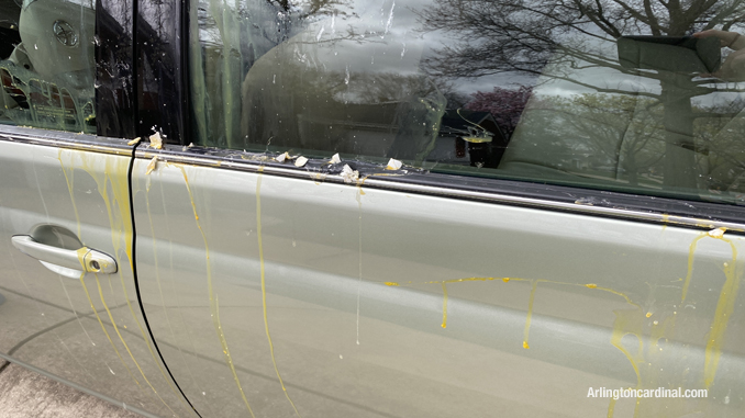 Egg material on car about 13 hours after vandals threw eggs at the vehicle on Belmont Avenue in Arlington Heights