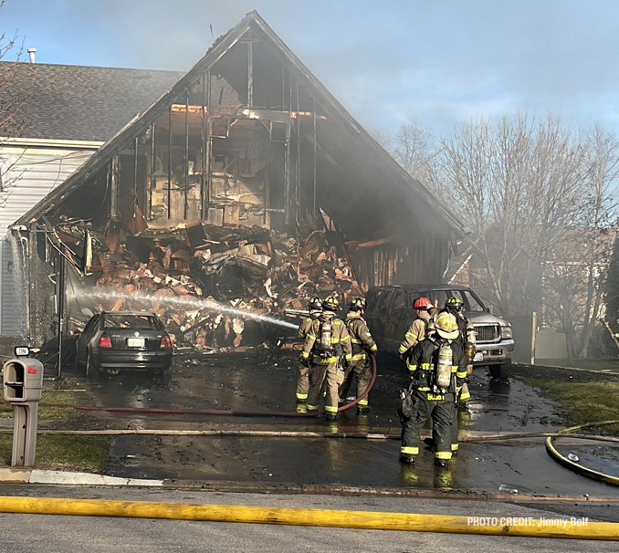 Damage showing structural collapse after a house fire on Boxwood Drive in Crystal Lake Sunday evening, April 10, 2022 (PHOTO CREDIT: Jimmy Bolf)