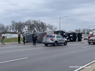 Rollover flatbed semi-trailer truck at Lake Cook Road and Hicks Road on Friday, April 22, 2022 (PHOTO CREDIT: Max Weingardt)