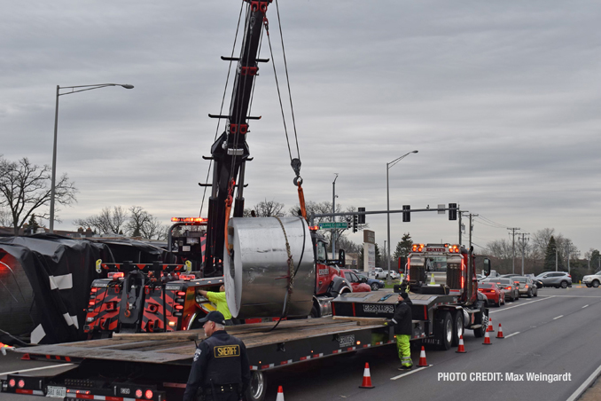 Rollover flatbed semi-trailer truck at Lake Cook Road and Hicks Road on Friday, April 22, 2022 (PHOTO CREDIT: Max Weingardt)