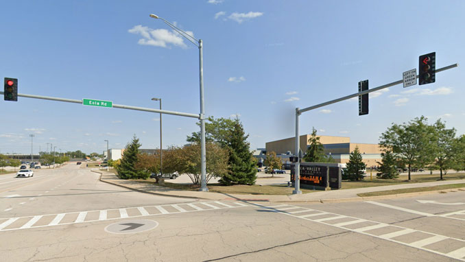 Entrance to Metea Valley High School on Eola Road in Aurora, Illinois (Image capture September 2021 © 2022)