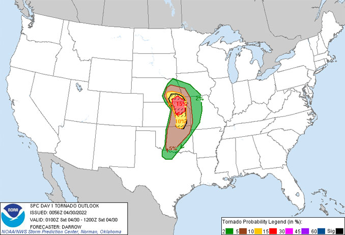 Storm Prediction Center Tornado Outlook 8:00 p.m. April 29, 2022 to 6:00 a.m. April 30, 2022