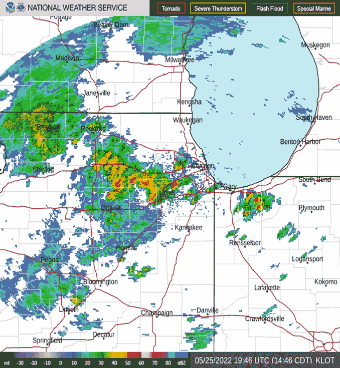 Rotating storm overlays with radar in northwest suburbs on Wednesday, May 25, 2022 (SOURCE: NWS Chicago)