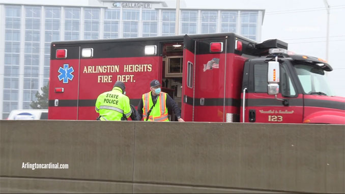 AHFD ambulance at I-90 crash between Golf Road and Route 53 near Rolling Meadows