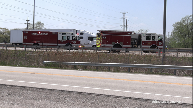 Firefighters located in the northbound lanes of Route 53 near the crashed dump truck.
