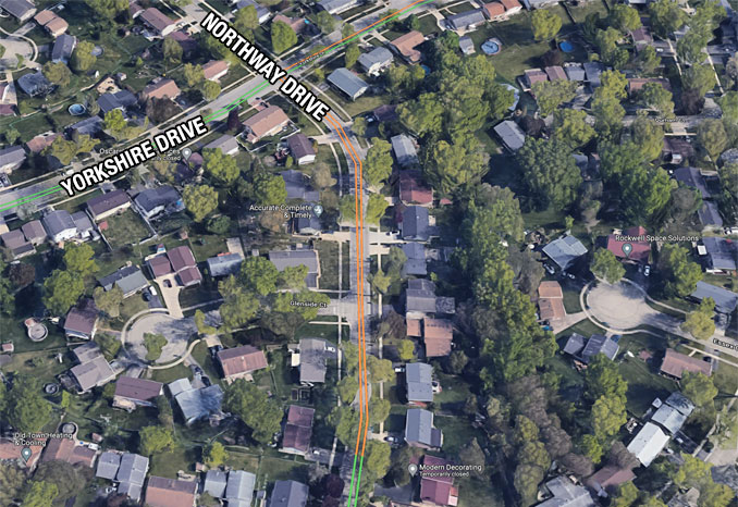Northway Drive homicide crime scene within area where street is marked orange (Imagery ©2022 Google, Imagery ©2022 CNES / Airbus, Maxar Technologies, U.S. Geological Survey, USDA/FPAC/GEO, Map data ©2022)