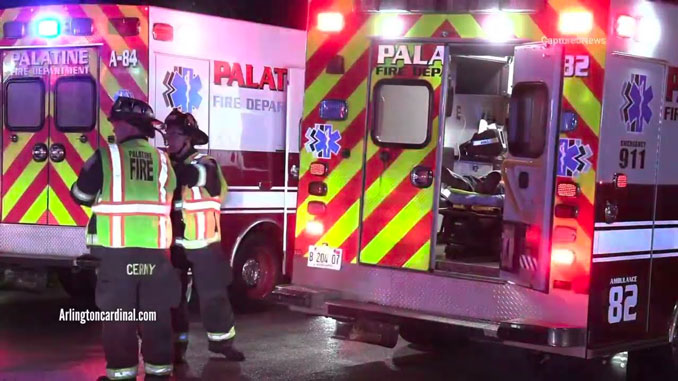 Two Palatine ambulances at the scene of an extrication crash at Northwest Highway (US 14) near Parallel Street in Palatin