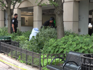 Arlington Heights police officers protect the scene as staff from a funeral home or the Cook County Medical Examiner's Office work to remove the body from the scene