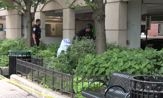 Arlington Heights police officers protect the scene as staff from a funeral home or the Cook County Medical Examiner's Office work to remove the body from the scene