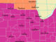 Excessive Heat Warning (medium violet red) and Heat Advisory (atomic tangerine) from June 14-15, 2022 (National Weather Service Chicago)