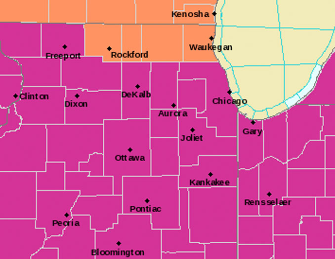 Excessive Heat Warning (medium violet red) and Heat Advisory (atomic tangerine) from June 14-15, 2022 (National Weather Service Chicago)