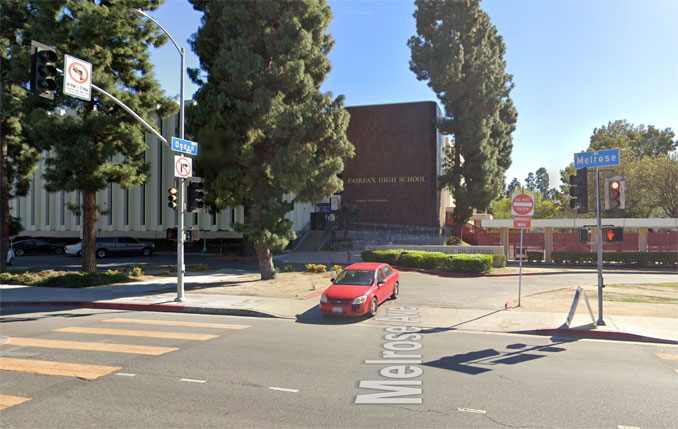 Fairfax High School Los Angeles at the intersection of Melrose Avenue and Ogden Drive in Los Angeles (Image capture February 2021 ©2022)