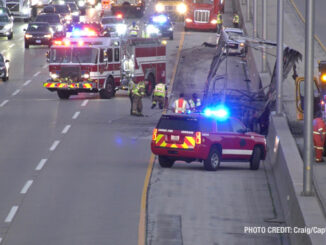 The frame of a box truck visible after a crash and fire on I-94 WEST at Mile Marker 10.25 (PHOTO CREDIT Craig/CapturedNews)