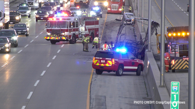 The frame of a box truck visible after a crash and fire on I-94 WEST at Mile Marker 10.25 (PHOTO CREDIT Craig/CapturedNews)