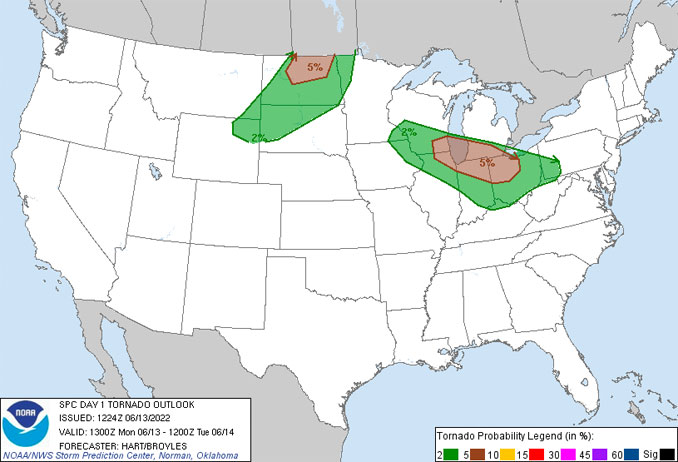 Tornado Outlook for 1:00 PM June 13, 2022 to 12:00 AM June 14, 2022