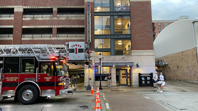 Firefighters on scene at a report of a vehicle fire at the Vail Avenue parking garage in Arlington Heights.