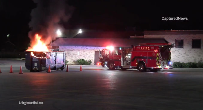 Dumpster fire extinguished at Orchard Evangelical Free Church on Douglas Avenue near Thomas Street in Arlington Heights