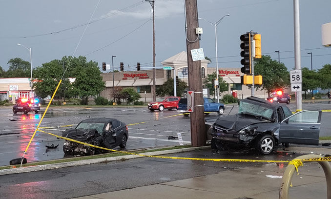 Fatal crash scene at Golf Road and Arlington Heights Road  near the Mobil gas station.