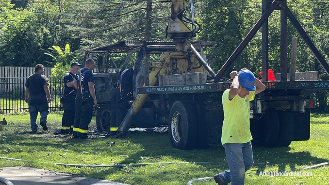 Tree trimming bucket truck destroyed after a fire involving the cab