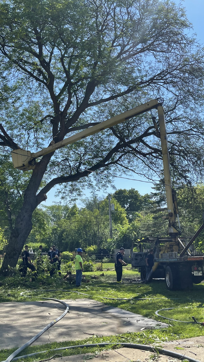 Tree trimming bucket truck destroyed after a fire involving the cab.