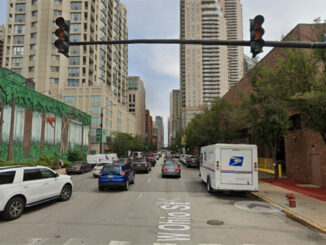 The view to the east from 100 West Ohio Street toward Michigan Avenue in Chicago (Image capture Augusts 2021 ©2022 Google)