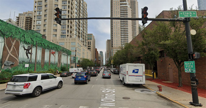 The view to the east from 100 West Ohio Street toward Michigan Avenue in Chicago (Image capture Augusts 2021 ©2022 Google)