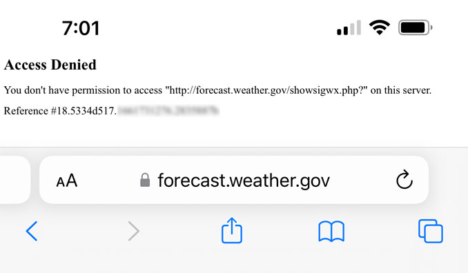 Access Denied Weather.gov on Sunday, August 28, 2022 occurred when trying to read a Severe Thunderstorm Warning,  the Chicago O'Hare Forecast Page, the 3-Day History table, and the Hourly Weather Forecast.