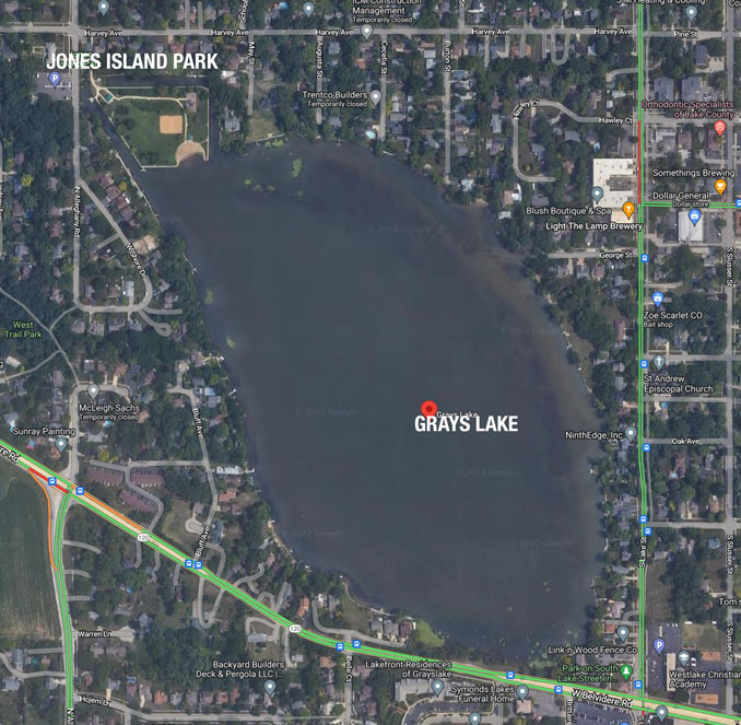 Grays Lake with Jones Island Park (Imagery ©2022 Maxar Technologies, U.S. Geological Survey, USDA/FPAC/GEO, Map data ©2022)