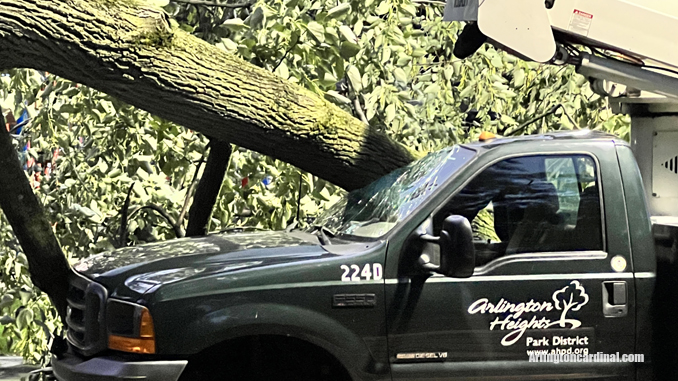 The passenger side of an Arlington Heights Park District aerial bucket truck was crushed by a large tree that fell during a thunderstorm Monday, August 29, 2022