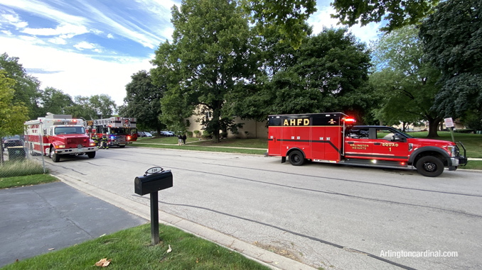 Tower 1, Squad 1 and HazMat Squad on the west side of the building at Cleveland Avenue in Arlington Heights