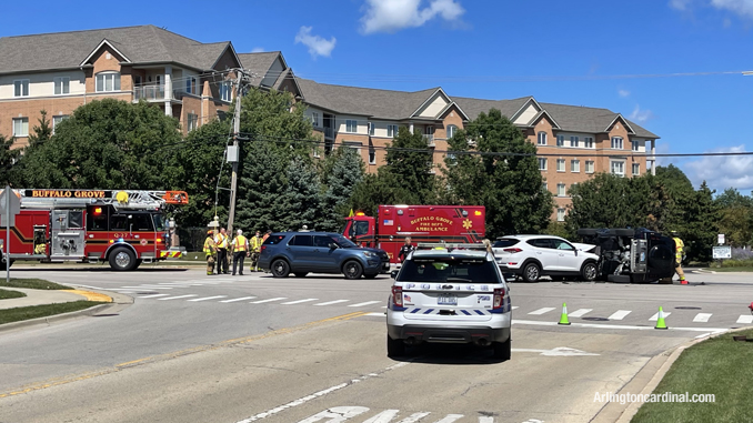 Safe scene and traffic control managed by Buffalo Grove police and firefighters at a rollover crash on Buffalo Grove just north of Lake Cook Road