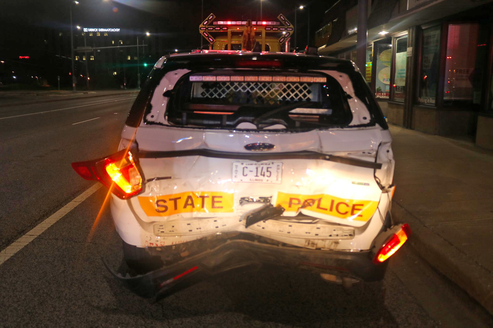 Illinois State Police Ford Interceptor rear-ended on I-90 WEST near Cumberland Avenue (SOURCE: Illinois State Police)