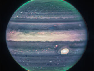 Webb NIRCam composite image of Jupiter from three filters – F360M (red), F212N (yellow-green), and F150W2 (cyan) – and alignment due to the planet’s rotation. Credit: NASA, ESA, CSA, Jupiter ERS Team; image processing by Judy Schmidt