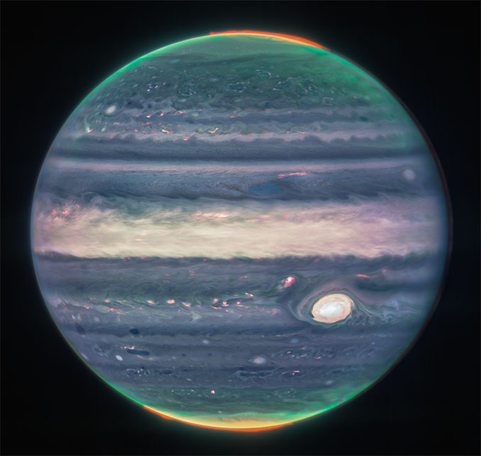 Webb NIRCam composite image of Jupiter from three filters – F360M (red), F212N (yellow-green), and F150W2 (cyan) – and alignment due to the planet’s rotation. Credit: NASA, ESA, CSA, Jupiter ERS Team; image processing by Judy Schmidt