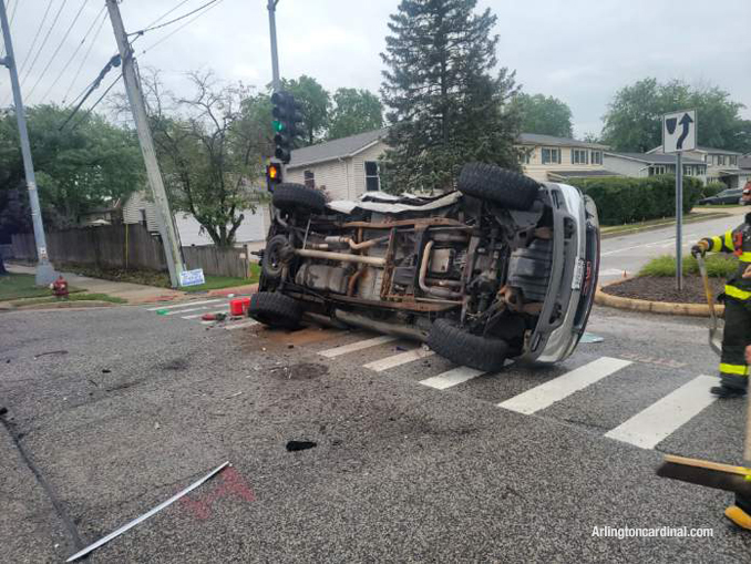 Photo shows that the pickup truck was apparently "T-boned" on the passenger side