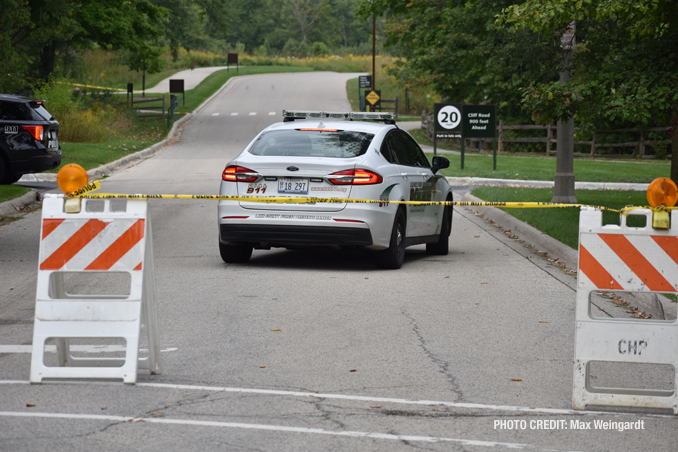 Access to some roadways, parking lots and walking paths were at the scene where a body was found near the Lake Michigan shoreline near the Fort Sheridan Forest Preserve (PHOTO CREDIT: Max Weingardt)