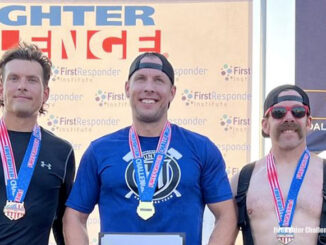 FIREFIGHTER CHALLENGE: Eric Rose, Huntley Fire Protection District, 1st Place time 1:28.47 (center); Richard Estes, Irving, TX Fire, 2nd Place time 1:29.97 (right); and Nate Skewes, Waukegan Fire, 3rd Place time 1:32.52 (left).