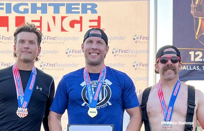 FIREFIGHTER CHALLENGE: Eric Rose, Huntley Fire Protection District, 1st Place time 1:28.47 (center); Richard Estes, Irving, TX Fire, 2nd Place time 1:29.97 (right); and Nate Skewes, Waukegan Fire, 3rd Place time 1:32.52 (left).