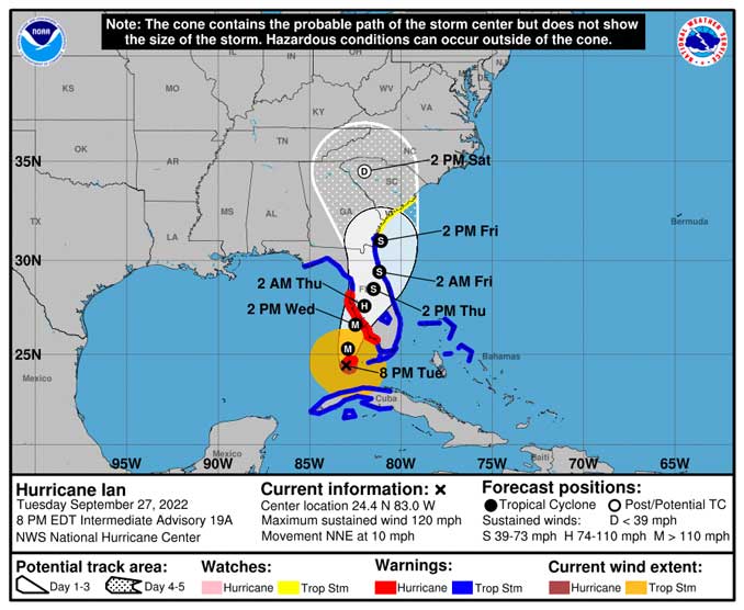 Hurricane Ian Cone Forecast with Coastal Watches and Warnings dated SEP 27 2022 8 PM ET (SOURCE: National Hurricane Center)