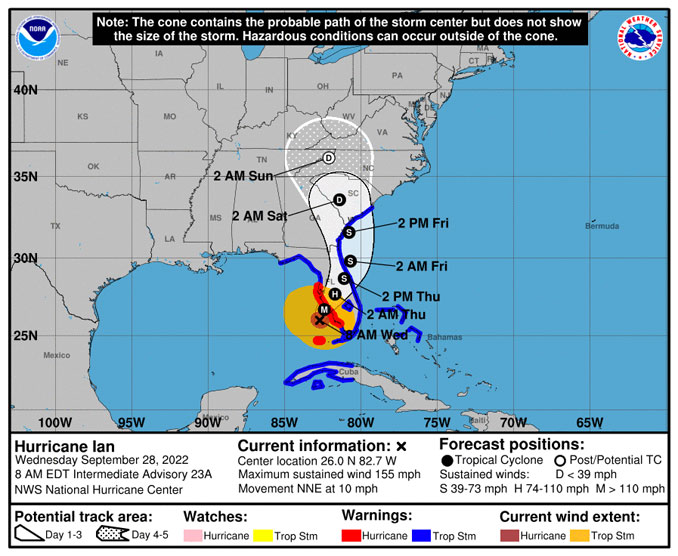 Hurricane Ian Cone Forecast with Coastal Watches and Warnings dated SEP 28 2022 8 AM ET (SOURCE: National Hurricane Center)