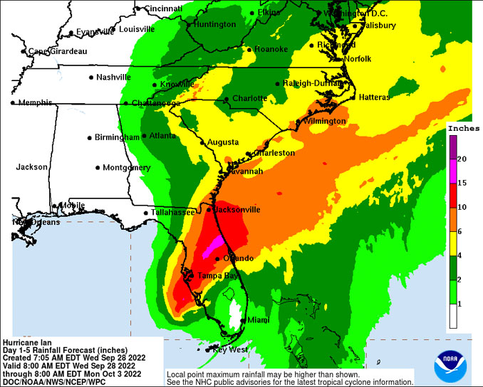 Hurricane Ian Rain Potential valid 8AM ET Wed Sep 28 2022 through 8AM ET Mon Oct 03 2022 dated SEP 28 2022 7:05 AM ET (SOURCE: National Hurricane Center)