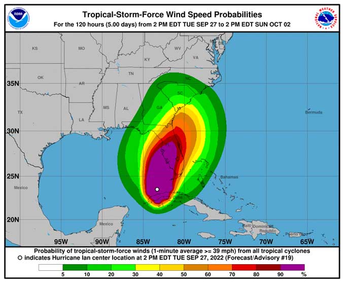 Tropical-Storm-Force Wind Speed Probabilities -- the  probabilities of sustained (1-minute average) surface wind speeds equal to or exceeding 34 kt (39 mph (SOURCE: National Hurricane Center).