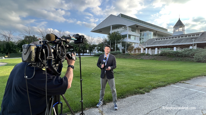 Alex Maragos, NBC 5 Chicago, during his news report live from Arlington Park on the 6 PM News (CARDINAL NEWS)