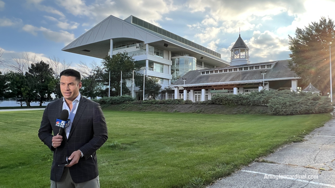 Alex Maragos, NBC 5 Chicago working as a reporter tonight at the former Arlington Park (CARDINAL NEWS)