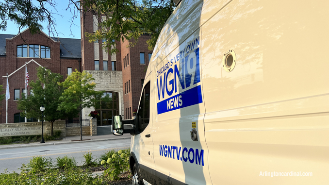 WGN News remote truck lined up at the Arlington Heights Village Hall during the Village Board meeting Tuesday, September 6, 2022 (CARDINAL NEWS)