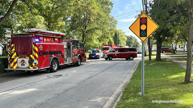 Minor sideswipe crash scene involving a Special Ed bus at Dunton Avenue and Euclid Avenue Arlington Heights.