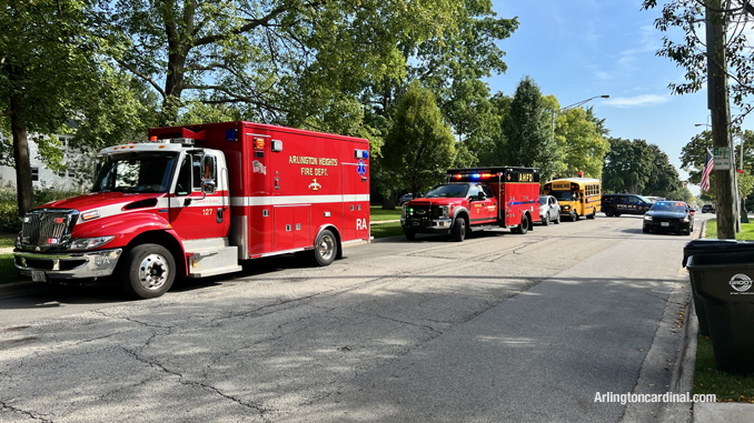 Minor sideswipe crash scene involving a Special Ed bus at Dunton Avenue and Euclid Avenue Arlington Heights.