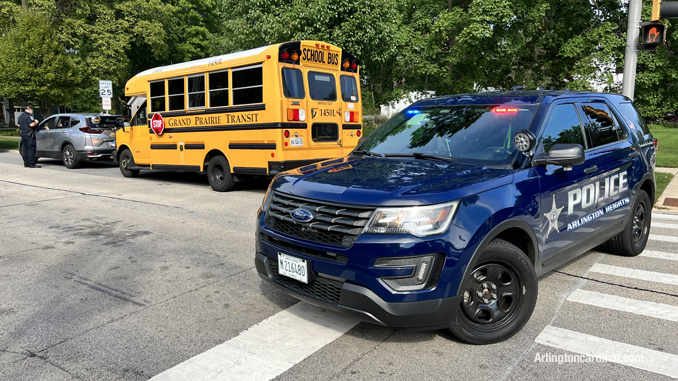 Minor sideswipe crash scene involving a Special Ed bus at Dunton Avenue and Euclid Avenue Arlington Heights.